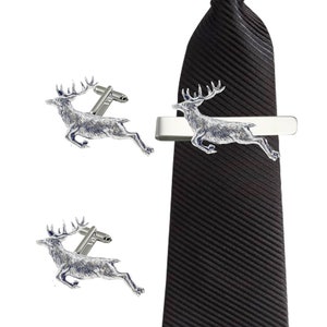 A60 Springing Stag  English Pewter cufflinks tie slide sets tie pin bolo neck tie kilt blanket pin chrome gold or pewter finish available