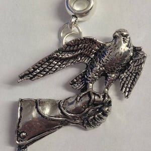 Falcon on Glove with 5mm Hole to fit Pendant Charm Bracelet European fits Pandora, necklaces B23  chrome gold or pewter finish available