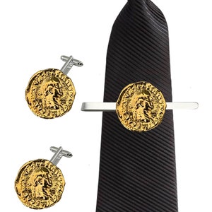 WC16 Áureo de Vespasiano, cabezas de moneda, gemelos dorados, alfileres de corbata, corbata de bolo, alfiler de falda escocesa, petaca, broche de pastillero de 3 secciones