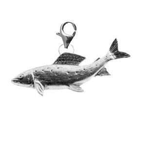 May include: A silver charm in the shape of a fish with a textured surface. The charm has a lobster clasp.