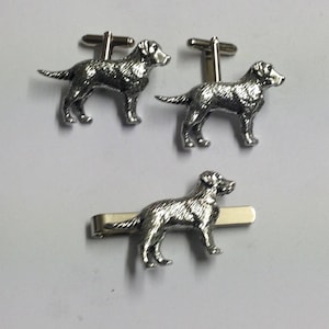 Labrador d20 On A Pair of Cufflinks With A Tie Slide Set Made From English Modern Pewter