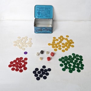 Vintage Game Counters, All approximately 0.5 Inch Diameter, And Six Vintage Dice, contained in Vintage Tobacco Tin Box