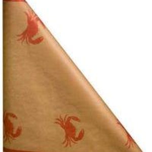 May include: Brown paper wrapping paper with a red crab design. The paper has a red stripe along the edge.