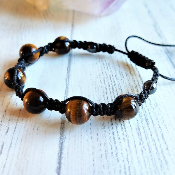 Bracelet Macramé Ajustable Oeil de Tigre & Perle Hématite - Bijoux en Cristal Équilibrant les Énergies, Méditation Reiki, Yoga. Shamballa