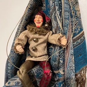 Vintage  Mark Roberts Collectible, Harlequin Jester elf / Marionette Style hanging Doll Ornament, 10 inches tall, Excellent Condition