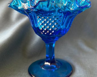 Vintage 1960’s Fenton, Stunning Electric Blue Compote, Colonial Pineapple Pattern, Ruffled Edge Rim Compote, Long Stem Candy / Bon Bon Dish