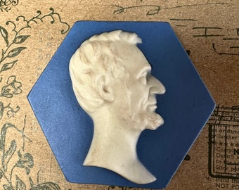 Vintage Abraham Lincoln, Wedgewood Style, Profile/Bust,  Porcelain Bas Relief Portrait, matte white /blue, tile, by The Mosaic Tile Company