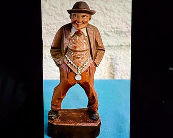 Vintage European Hand Carved Wood Folk Style Sculpture, Elderly Gentleman with Pocket Watch