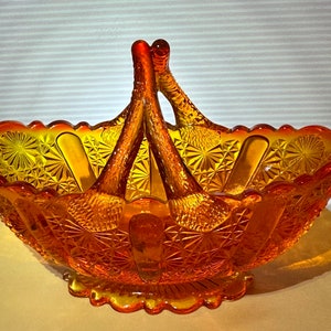 Vintage 1960s Fenton Amberina Basket, Daisy and Button Pattern, Split Handled Basket, Candy / Nut Dish, Gorgeous Orange & Yellow Coloration
