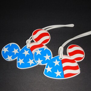 Disney Cast Member, Retired, 2 Luggage Tags /Patriotic Stars and Stripes, Red White and Blue Mickey Ears, New Condition,  Retired