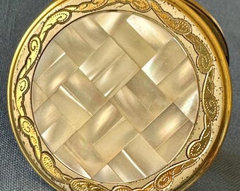 Vintage Mid Century 1950’s, Mother of Pearl Mosaic with Gold Metal Detail, Gorgeous Collectible Powder Compact