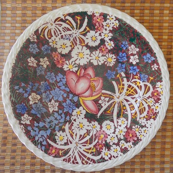 Vintage Vernon Kilns, Aloha Plate, door Don Blanding, Lei Lani Patroon, gemaakt voor Trojan, 9 1/2 "