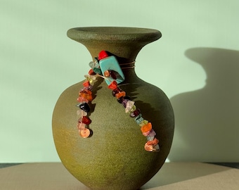Vintage 1990’s Raku Art Vase by Jeremy Diller, Beautiful Iridescent Green Spirit Jar, Vase, Pot, Multi-Color Gemstone Detail, Signed