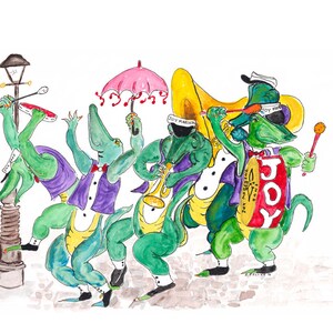 Louisiana, New Orleans, Mardi Gras, French Quarter, alligator, gator,  jazz, band, Joy Marching Band, artzee, watercolor print