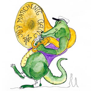 Louisiana, New Orleans, French Quarter, Mardi Gras, tuba, alligator, gator, jazz, artzee, watercolor print, greeting card