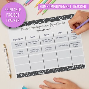 Puede incluir: Un rastreador de proyectos de mejora del hogar imprimible con un diseño floral en blanco y negro. El rastreador tiene columnas para el nombre del proyecto, los detalles, el estado, la inspiración y las notas. El texto "You Got This!" está impreso en la parte superior del rastreador.