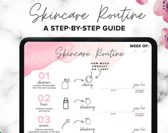 May include: A pink and white digital planner with a watercolor background. The planner is titled "Skincare Routine: A Step-by-Step Guide". The planner includes a list of skincare steps with corresponding icons and a section for tracking favorite brands and products.
