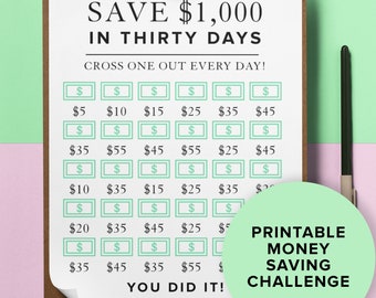 Money Saving Challenge Printable | Save 1000 in 30 Days! | Savings Tracker | Savings Planner