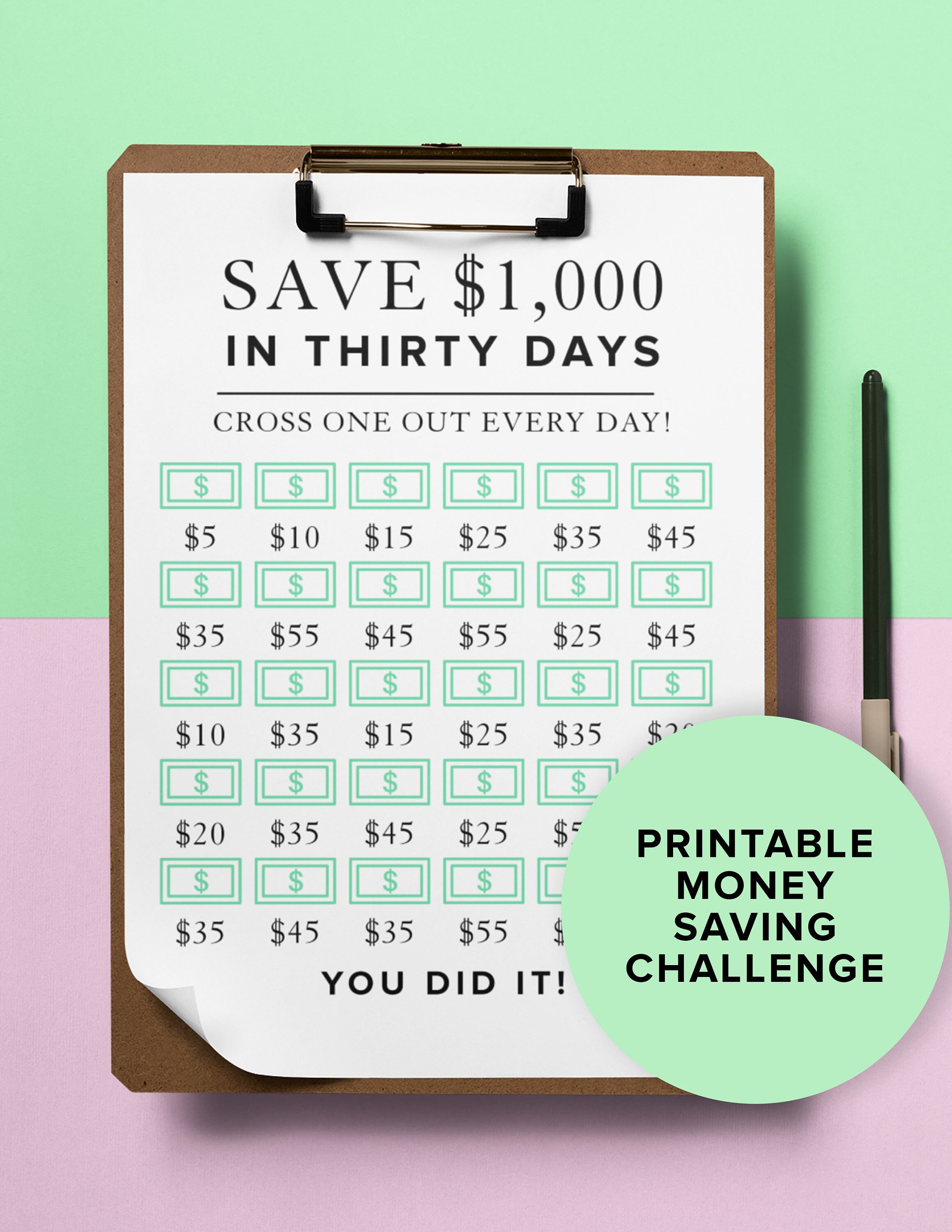 Money Saving Challenge Printable | Save 1000 in 30 Days! | Savings ...