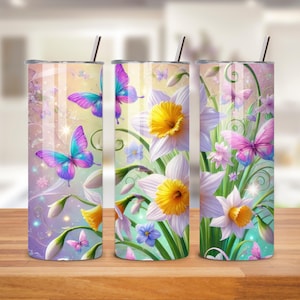 Floral 20oz Tumbler Wrap - Butterfly Tumbler PNG Design - Skinny Tumbler Wrap - Spring Flowers Sublimation Design - Instant Download