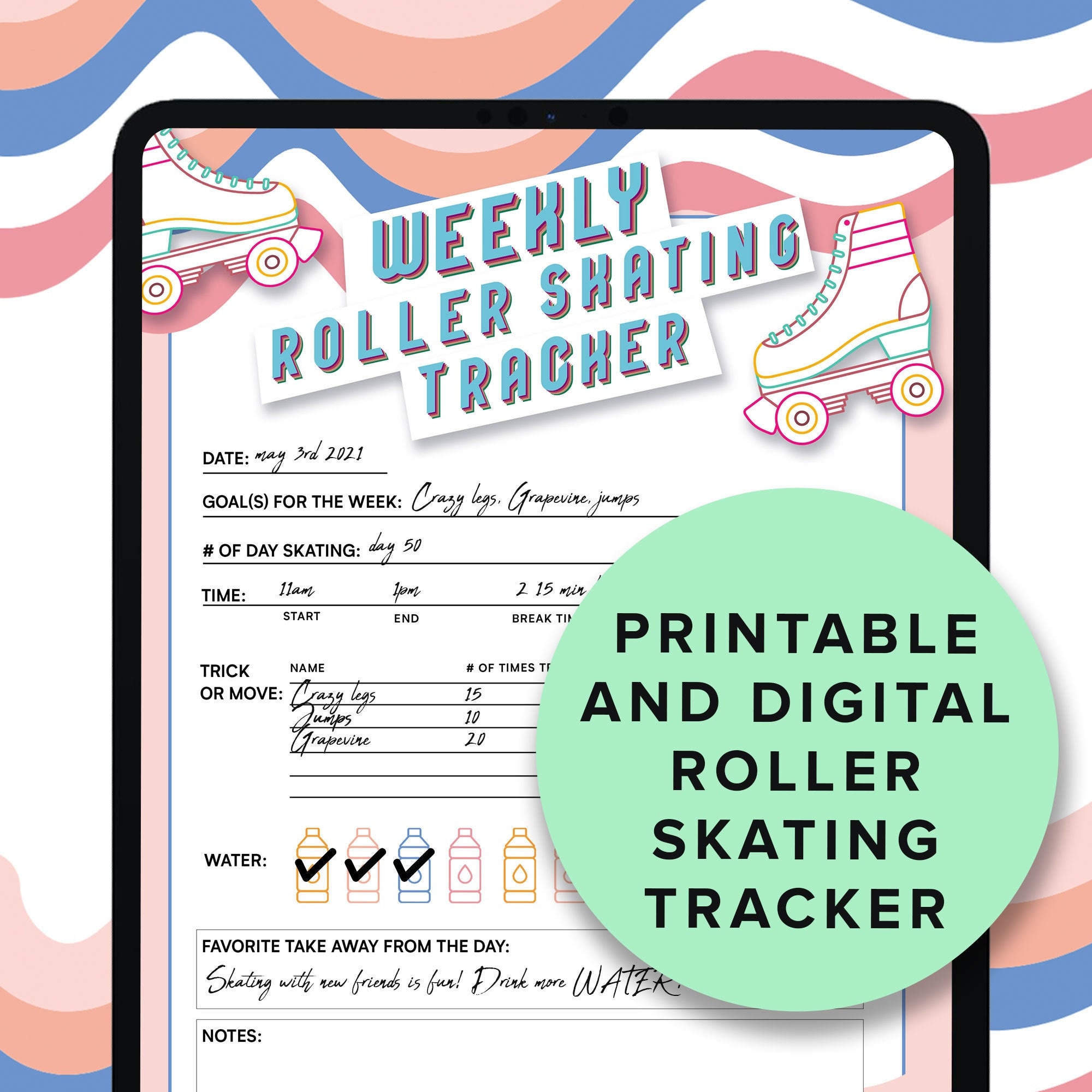 Roller Skating Tracker, Fitness Routine, Printable Journal, Workout