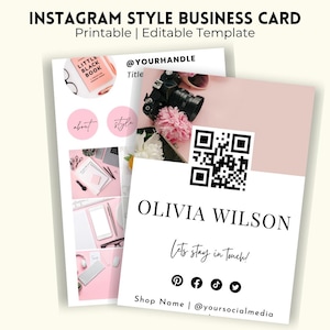 May include: A printable Instagram-style business card template with a pink and white design. The card features the text "OLIVIA WILSON" and social media icons. The design includes a QR code and the text "Let's stay in touch!"