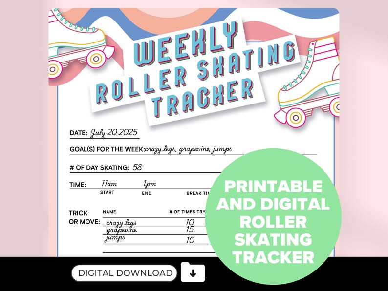 Roller Skating Tracker, Fitness Routine, Printable Journal, Workout Tracker, Roller Skater Tracker, Fitness Journal, Workout Log image 1