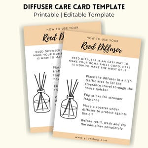 Könnte beinhalten: Zwei druckbare Reed-Diffusor-Pflegekarten mit beigem und weißem Design. Die Karten enthalten Anweisungen zur Verwendung eines Reed-Diffusors, mit einer Strichzeichnung einer Diffusorflasche. Der Text lautet "Diffuser Care Card Template".