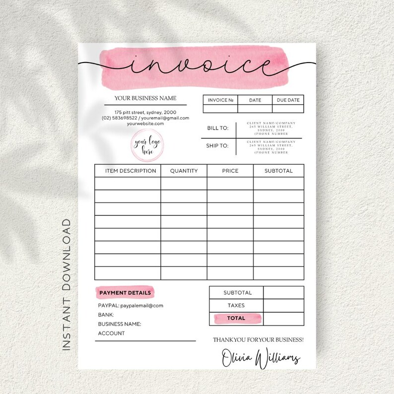 Order Form Invoice Template | Pink Invoice Form | Modern Invoice ...