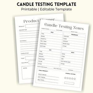 Può includere: Due modelli stampabili bianchi per test di candele. Il testo in alto recita "CANDLE TESTING TEMPLATE" e "Printable | Editable Template". Un modello è per la pianificazione del prodotto, l'altro per le note di test delle candele.
