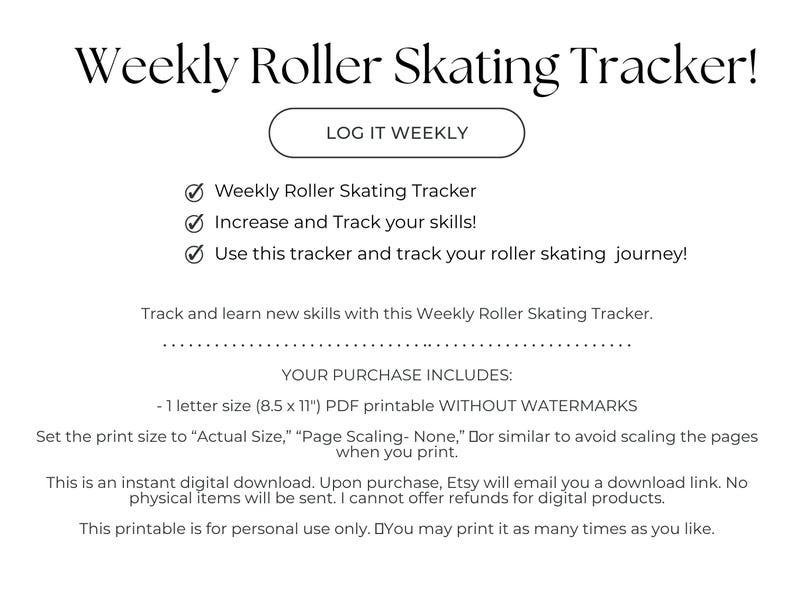 Roller Skating Tracker, Fitness Routine, Printable Journal, Workout Tracker, Roller Skater Tracker, Fitness Journal, Workout Log image 3