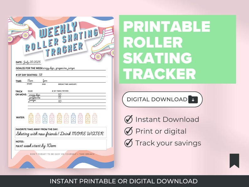 Roller Skating Tracker, Fitness Routine, Printable Journal, Workout Tracker, Roller Skater Tracker, Fitness Journal, Workout Log image 2