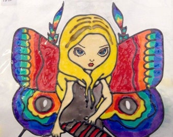 Hand Painted Rainbow Fairy, Window Cling, Faux Stained Glass Effect.