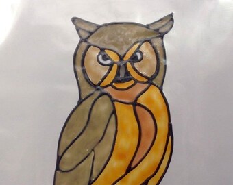 Hand Painted Owl, Window Cling, Faux Stained Glass Effect.