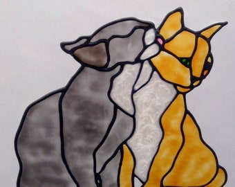 Hand Painted Cat Kisses, Window Cling, Faux Stained Glass Effect.