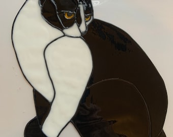 Hand Painted Black and white cat, Window Cling, Faux Stained Glass Effect.