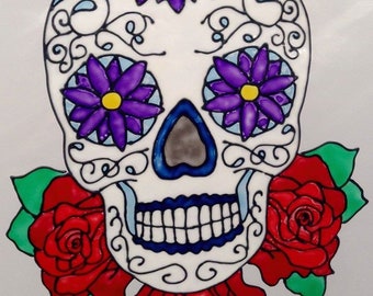 Hand Painted Day of the dead Skull with Roses, Window Cling, Faux Stained Glass Effect.