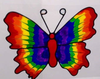 Rainbow Butterfly Suncatcher Window Cling, Faux Stained Glass Effect.