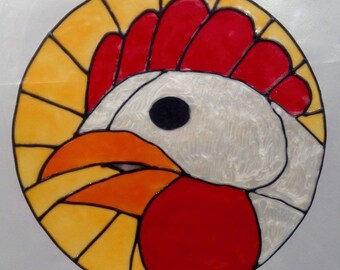 Hand Painted Cockerel Head, Window Cling, Faux Stained Glass Effect.