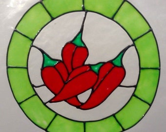 Hand Painted Chilies Circle , Window Cling, Faux Stained Glass Effect.