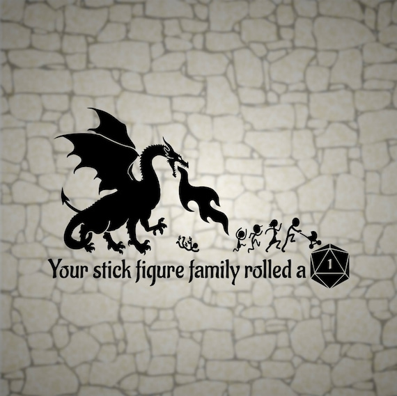 D&D Dragon Vinyl Decal: Stick Figure Family rolled a 1 D20, RPG Car/Window Sticker