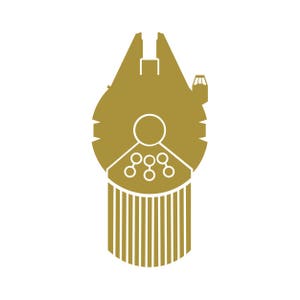 May include: Gold-colored graphic of the Millennium Falcon starship from Star Wars. The design is a simplified silhouette, featuring the ship's distinctive shape, including the cockpit, mandibles, and rectangular body. The background is plain white.