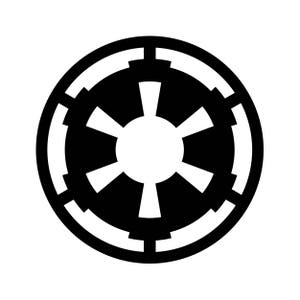 May include: Black and white symbol of the Galactic Empire from Star Wars. The symbol features a circle with a central star shape and a ring of smaller circles around the edge.