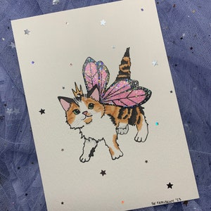 CUSTOMIZABLE Fairy Kitten 5 x 7” Print Embellished with Glitter on High Quality Textured Water Color Paper