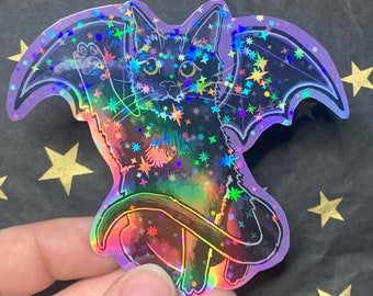 Rainbow Holographic 3” Bat Kitty Sticker HANDCUT STICKER