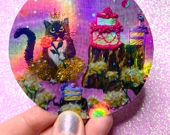 Rainbow Holographic 3.5” Birthday Kitty Sticker HANDCUT STICKER