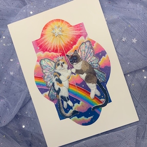 Rainbow Fairybeam Kitties Print of Hand Embroidered Scene on High Quality Matte Photo Paper