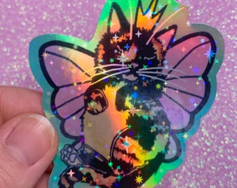 Rainbow Holographic 3" Snoozing Tortie Fairy HANDCUT STICKER