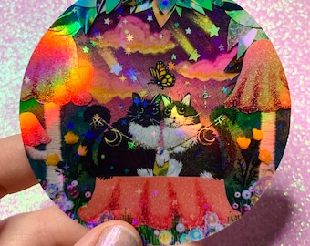 Rainbow Holographic 3.5” Mushroom Kitties Sticker HANDCUT STICKER