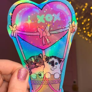 Sticker Saint-Valentin JUMBO arc-en-ciel holographique de 15 cm (5 po.) en montgolfière, coeur, chat, carte de la Saint-Valentin